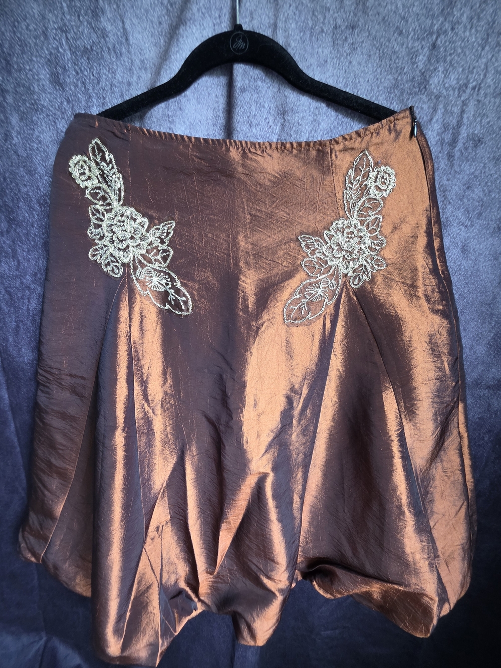Metro 7 Y2K Metallic Bronze Cinnamon Bubble Hem Skirt Floral Embroidered Sz 4
